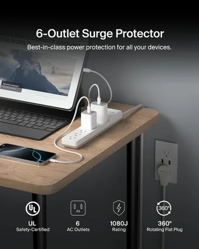 Vista 2 de Belkin Protector de sobrecarga con cable de alimentación 6 salids (enchufe giratorio) 6 patas N/A rotating plug, wall tap, outlet extender, home