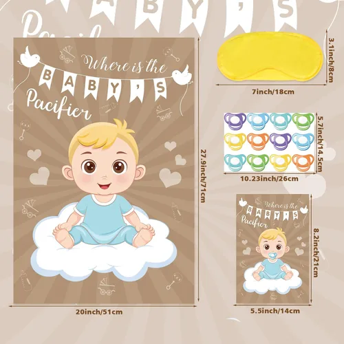 Vista 2 de Hxezoc Pin de juego para baby shower, con 72 calcomanías para chupete, póster grande de juegos de fiesta de bebé para niños, baby shower