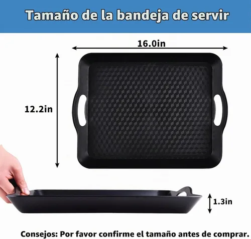 Vista 3 de Bandeja de plástico con asas, paquete de 2 bandejas rectangulares multiusos antideslizantes para servir restaurante para fiestas, mesa de café