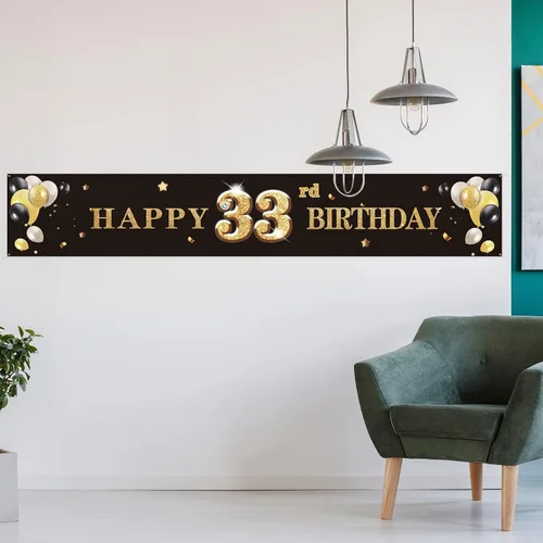 Vista 5 de Cartel de fondo de feliz cumpleaños 33 con texto en inglés "Cheers to 33 Years" para decoración de fiestas, color negro