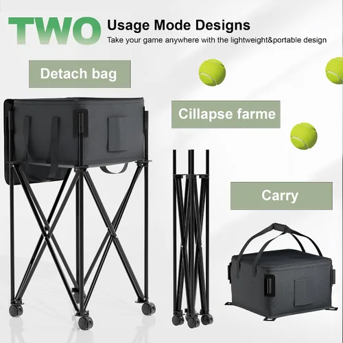 Vista 6 de Tolva de pelota de tenis para 120 pelotas, cesta de pelota de tenis con bolsa de almacenamiento extraíble, carrito de pelota de tenis con ruedas