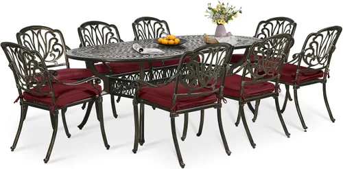 Vista 21 de Juego de comedor de patio de 9 piezas, mesa y sillas de patio al aire libre, mesa de comedor ovalada de aluminio fundido de 84 pulgadas con agujero