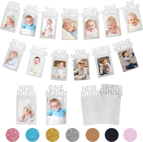 Vista 8 de Crosize - Pancarta decorativa para celebración del primer cumpleaños con marcos de fotos para bebés desde recién nacidos hasta 12 meses, guirnalda
