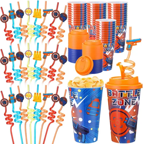 Vista 29 de Yungyan 16 juegos de tazas de golosinas con tapas y pajitas para decoraciones de cumpleaños, reutilizables, 16 onzas, vasos de plástico para dulces