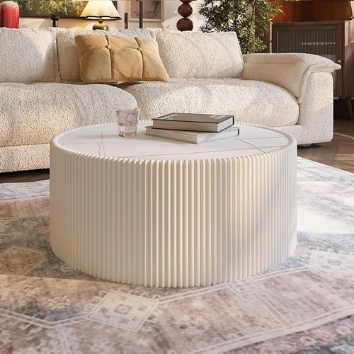 Vista 16 de Mesa auxiliar redonda moderna, mesa auxiliar de sofá de mármol sintético con base cubierta de cuero sintético en forma de cuenco, mesa auxiliar En