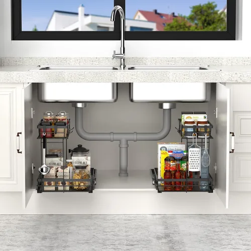 Vista 8 de AOSITE Organizador de armario extraíble de 2 niveles para baño debajo del fregadero, organizador y almacenamiento de cocina, pequeño almacenamiento