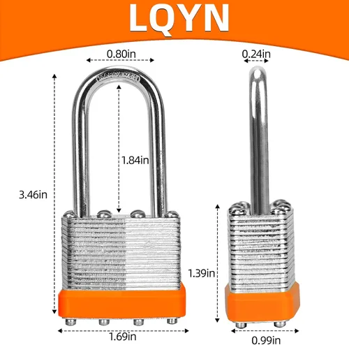 Vista 5 de Candados con la misma llave, LQYN 24 candados laminados con llave (1-9/16 pulgadas, 1.575 in), cerraduras con llave igual, grillete largo