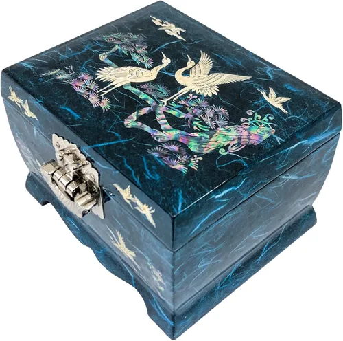 Vista 4 de Fun-Store Caja de madera con incrustaciones de nácar con incrustaciones de nácar, caja de madera, diseño de árbol de grúa, espejo, recuerdo, tesoro