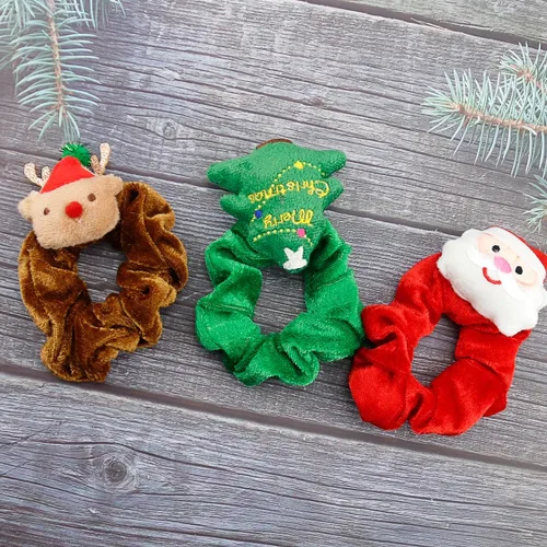 Vista 5 de 3 unidades de coleteros navideños de seda, lazos elásticos navideños con árbol de Navidad, Papá Noel, reno, bandas elásticas suaves para el cabello
