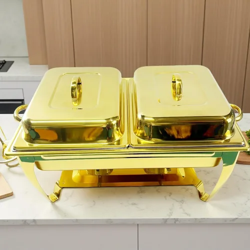 Vista 2 de Golden Chafing - Juego de bufé de platos de acero inoxidable de 9 cuartos de galón, servidores de buffet de 9 litros con soporte para combustible