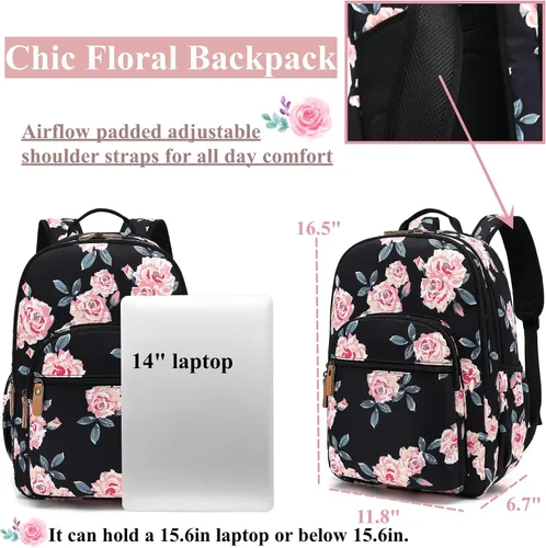 Vista 29 de Leaper Mochila para laptop para mujer: linda mochila floral para escuela, universidad, viajes, trabajo, mochila ligera para niños, Negro margarita