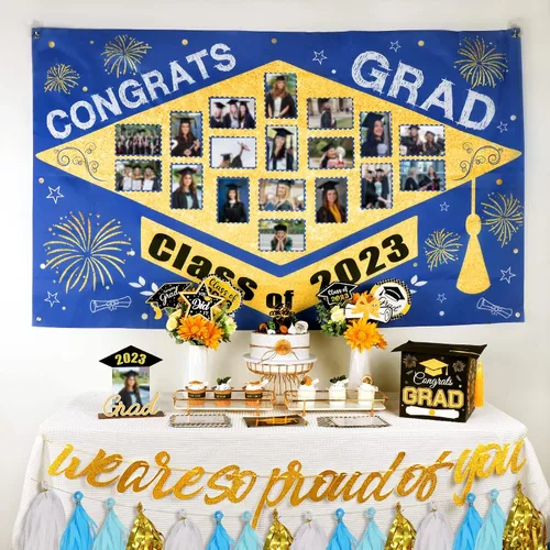 Vista 5 de Decoraciones para fiestas de graduación 2023, juego de 60 piezas: telón de fondo grande para foto, caja de tarjetas de graduación, palos de centro