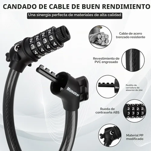 Vista 2 de Candado para bicicleta, 1.19 metros, combinación de 4 dígitos reseteable, contraseña, candado de cable antirrobo, lindos candados para bicicleta