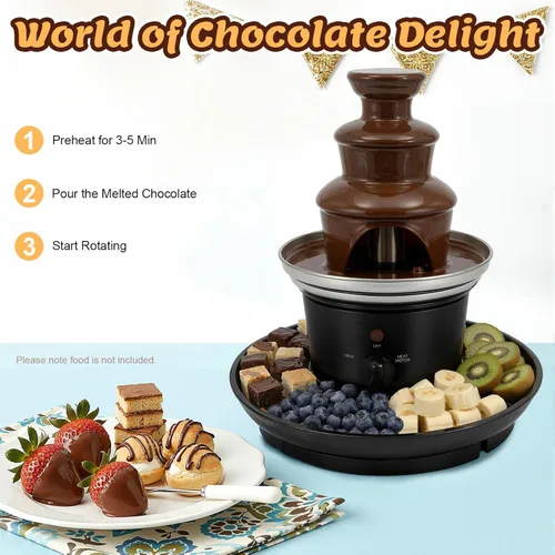 Vista 6 de Fuente de chocolate, fuente de fiesta de acero inoxidable de 3 niveles con bandeja de alimentos y tenedor, máquina eléctrica de fuente de fondue