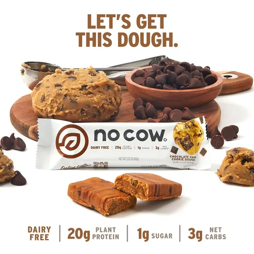 Vista 3 de No Cow Barras de proteínas, masa de galletas con chispas de chocolate, 0.74 oz de proteína vegana a base de plantas, aptas para ceto, bajas
