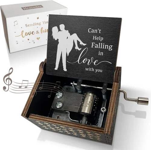 Vista 6 de Caja de música de madera, Can't Help Falling in Love con manivela grabada con láser, cajas musicales de madera vintage, regalo para amante, novia