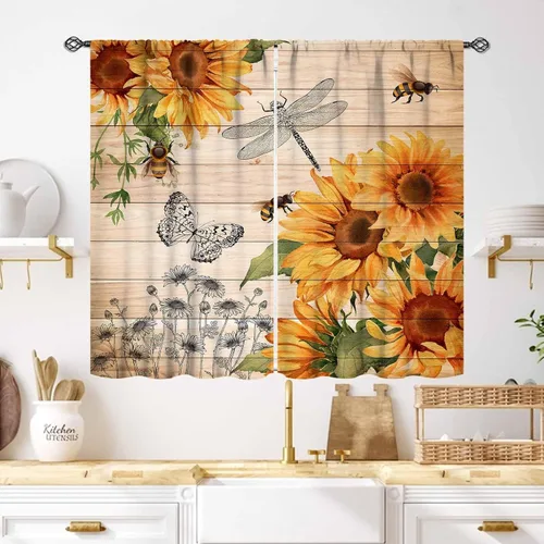 Vista 36 de Cortinas infantiles de abejas, cortinas de campo de primavera de acuarela de girasoles florales de nido de abeja, adorables abejas, cortinas