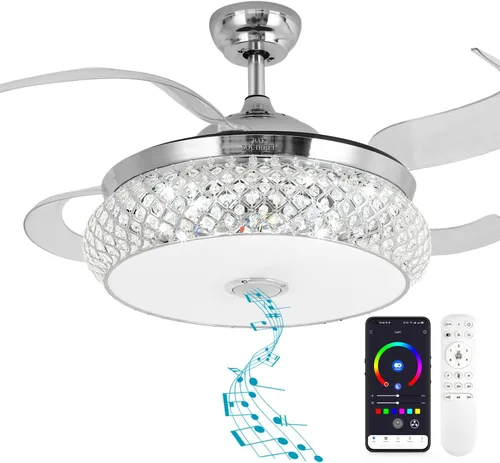 Vista 10 de BAYSQUIRREL Ventilador de techo retráctil de cristal con luz, ventiladores de techo Bluetooth con altavoz y control remoto/APP, 6 velocidades, aspas