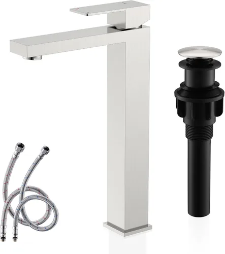 Vista 12 de KENES Grifo de lavabo de baño de una sola manija, grifos de baño negros y dorados de un solo orificio, grifo de tocador con desagüe emergente