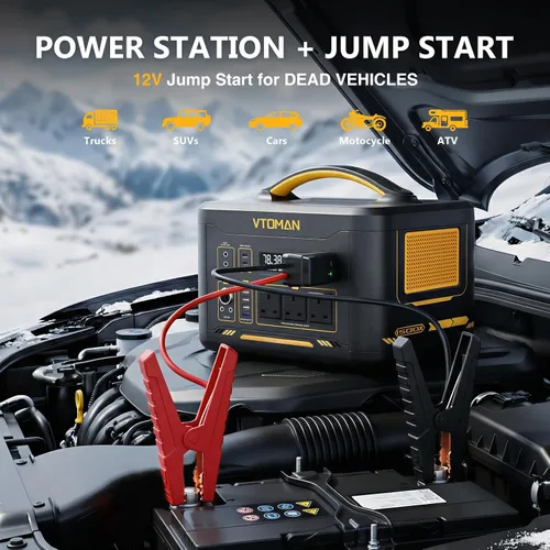 Vista 4 de VTOMAN Jump 1500X - Estación de Energía Portátil con Cables de Puente, Batería LiFePO4 de 828Wh, Generador Solar y Arrancador de Batería