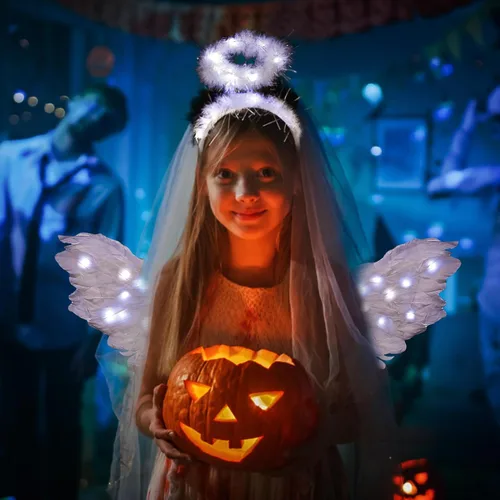 Vista 9 de Alas de ángel y halo LED de Halloween, alas de cupido de hadas blancas con halo de ángel iluminado para niñas, niños, adultos, mujeres, disfraz