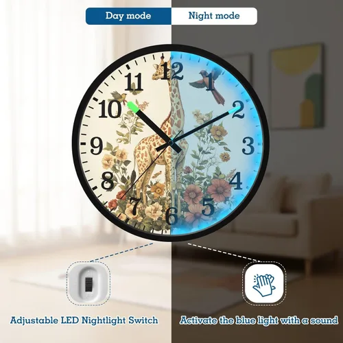 Vista 5 de Luminous Voice-Activated Wall Clock Modern Battery Operated Silent Non-Ticking Clock Giraffe Birds Flowers Botanical Illustration Vintage Style 12