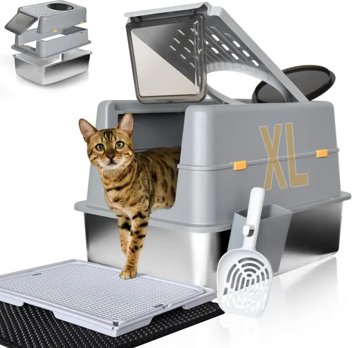 Vista 8 de Caja de arena de acero inoxidable con tapa, diseño XL cerrado antifugas para gatos grandes, sistema de caja de arena de metal antiadherente fácil