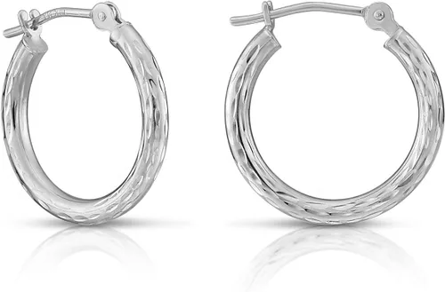 Vista 8 de Aretes redondos de oro blanco de 14 quilates grabados a mano con corte de diamante completo
