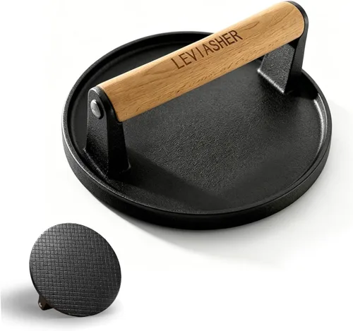 Vista 13 de Paquete de 2.1 libras de peso para carne y hamburguesa, base a rayas, prensa de hierro fundido resistente de 7 x 4 pulgadas con mango de madera