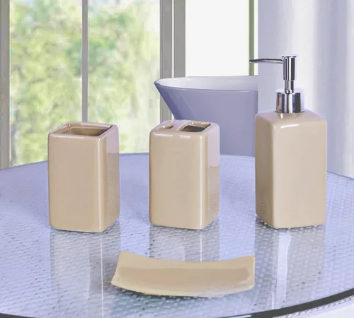 Vista 2 de Juego de accesorios para encimera de baño de 4 piezas de cerámica maciza (beige)