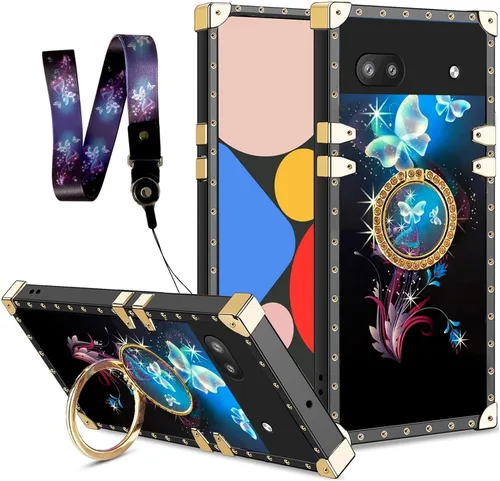 Vista 28 de nancheng Funda para Google Pixel 6 de lujo, diseño de abeja, corazón y abeja, chapado en oro, con anillo de diamante de 360°, correa de cordón