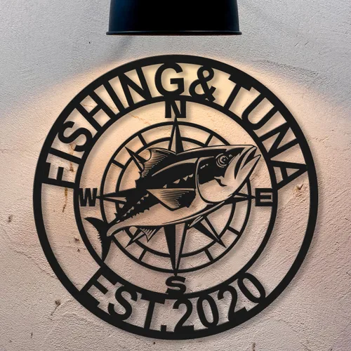 Vista 2 de Letreros personalizados de atún de pesca, Señales de metal de atún, Aventura oceánica, Letreros de metal personalizados, Arte de pared de metal