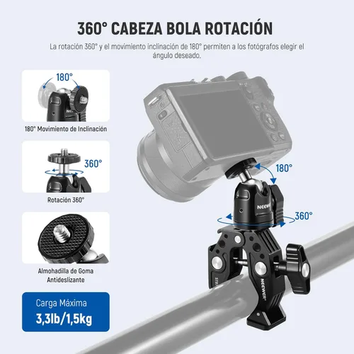 Vista 3 de NEEWER Super Clamp con Brazo Mágico de Cabeza Esférica Doble de 3", Zapata Fría, Roscas de 1/4", Adaptador de Montaje para Cámara de Teléfono/Acción