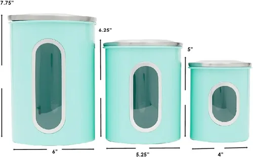 Vista 5 de Conjunto de botes de cocina retro para encimera (juego de 3 piezas) turquesa de Home Basics - Contiene ventanas transparentes; ideal para harina