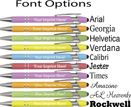 Vista 6 de ExpressDesigns™ - Bolígrafos personalizados pastel premium con lápiz óptico Bolígrafos personalizados de metal suave al tacto con tinta negra