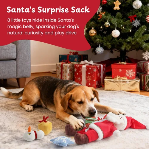 Vista 2 de Nocciola Hide and Seek - Juguetes de Navidad para perros de Papá Noel: 9 paquetes de regalos de vacaciones divertidos rellenos chirriantes arrugados
