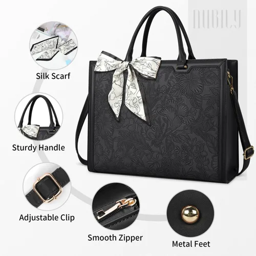 Vista 3 de Bolso para laptop de 15.6 pulgadas para mujer; bolsa tote de cuero impermeable para negocios, maletín ligero de oficina, gran capacidad, bolso