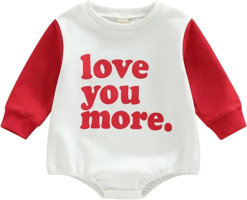 Vista 38 de SOLILOQUY Traje de manga larga con cuello redondo para el primer día de San Valentín para bebé niño y niña, mameluco de corazón de amor