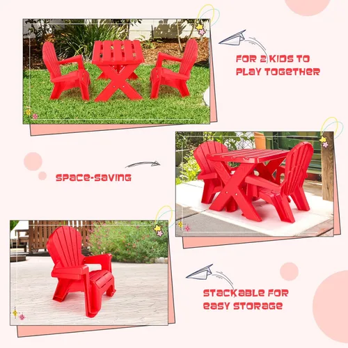 Vista 3 de COSTWAY Juego de mesa y silla para exteriores para niños, mesa de juego para niños con 2 sillas Adirondack, 3 muebles de patio trasero para niños