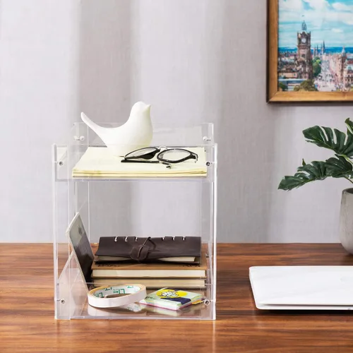 Vista 3 de MyGift Organizador de cartas de acrílico transparente de 2 niveles, tamaño A4, organizador de documentos de 2 niveles, soporte de papel de archivo