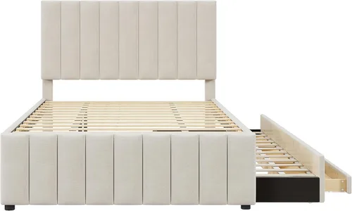 Vista 4 de Cama de plataforma tapizada de tamaño matrimonial con nido de tamaño individual y 3 cajones, plataforma tapizada de tela de lino con cabecero a