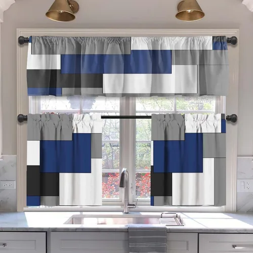 Vista 13 de MCALK Cortinas opacas azules para cocina, cenefas para ventanas, arte abstracto moderno para sala de estar (juego de niveles de 36 pulgadas)