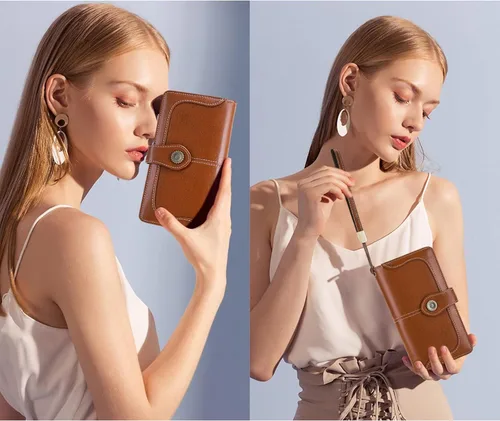 Vista 6 de FALAN MULE Cartera de cuero para mujer, de gran capacidad, bifold, con bloqueo RFID, tarjetero con bolsillo para monedas con cremallera