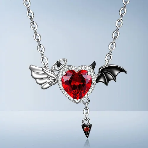 Vista 8 de Collar de medio ángel y medio diablo, símbolo de amor y ángel y diablo, colgante de alas de demonio, plata de ley, joyería de murciélago de Halloween