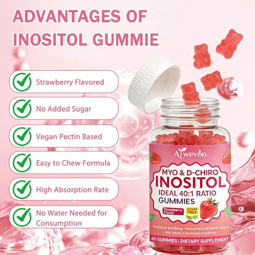 Vista 7 de Gomitas de mio-inositol y D-Chiro inositol proporción 40:1 - Suplemento de equilibrio hormonal para mujeres - Apoyo ovárico y fertilidad