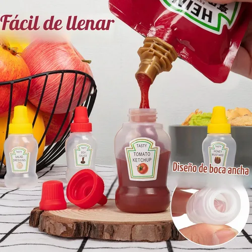 Vista 3 de 8 piezas de botellas mini de ketchup, botellas exprimibles portátiles de condimentos mini, accesorios de lonchera a prueba de fugas de 25ml