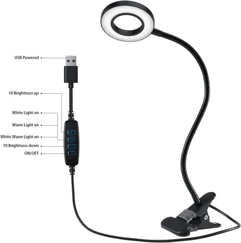 Vista 11 de Luces de lectura con clip de 48 LED, lámpara de escritorio con 3 modos de color y 10 brillo regulable, 360° flexible de cuello de cisne
