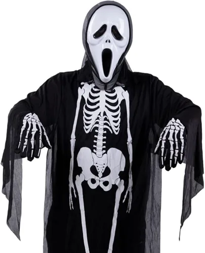 Vista 6 de Timemory Disfraz de esqueleto de Halloween capa de fantasma abrigo de esqueleto con máscara y guantes conjunto de accesorios de disfraz de Halloween