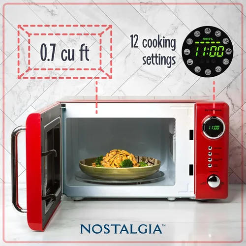 Vista 3 de Nostalgia Horno microondas retro compacto para encimera, 0.7 pies cúbicos, 700 vatios con pantalla digital LED, bloqueo para niños, interior fácil