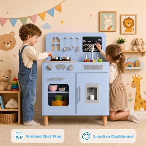 Vista 6 de Arlopu Juego de cocina de madera para niños con pizarra, luces y sonidos realistas, cocina interactiva con estufa, dispensador de agua, 6 utensilios